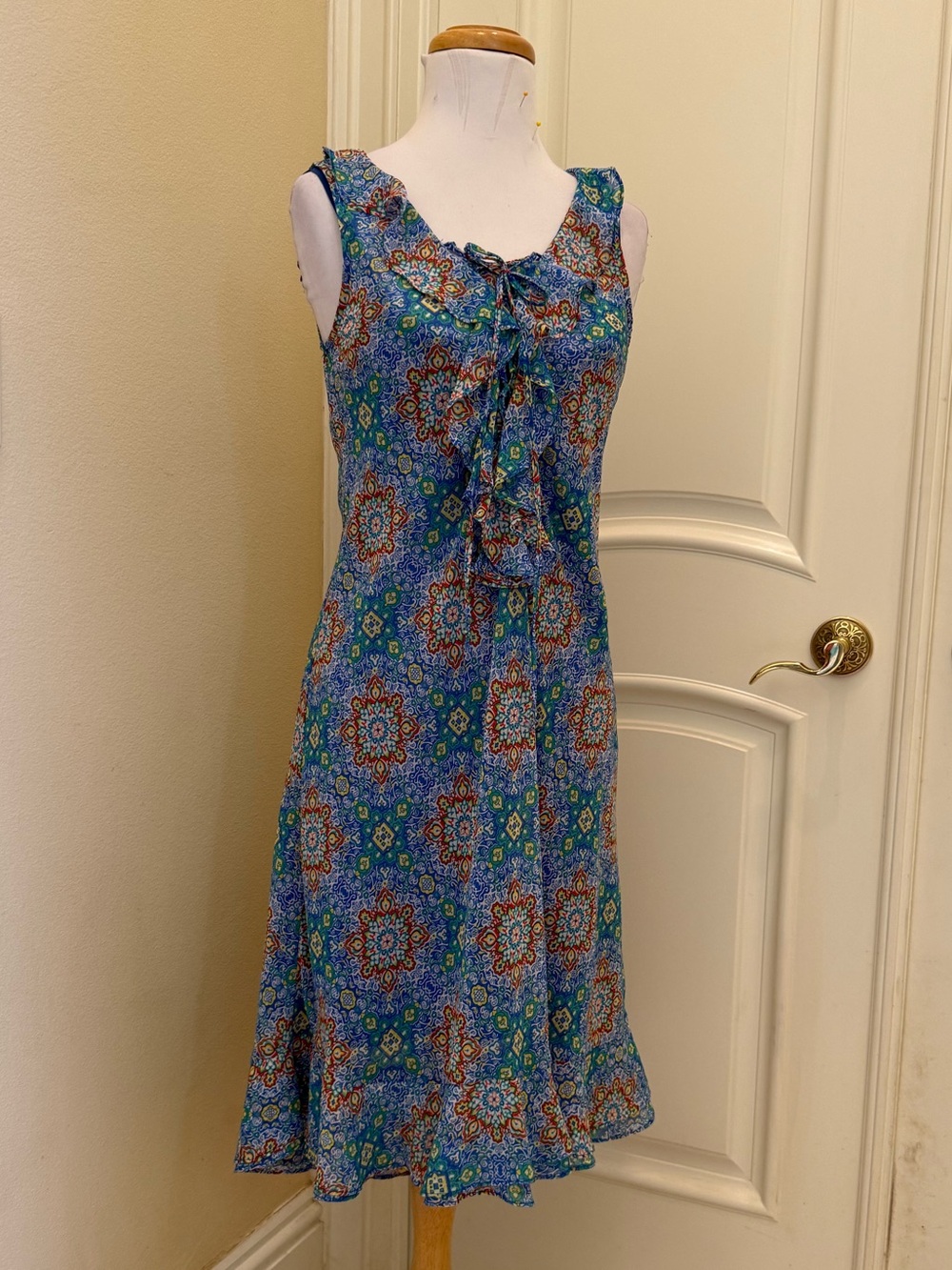 JohnPaulRichard ruffled lace up front dress with blue adjustable strap lining